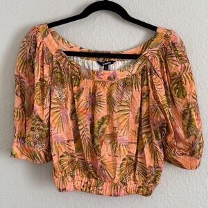 Desigual Womens Small Tropical Cheetah Cropped Linen Top Resort Maximalist Beach